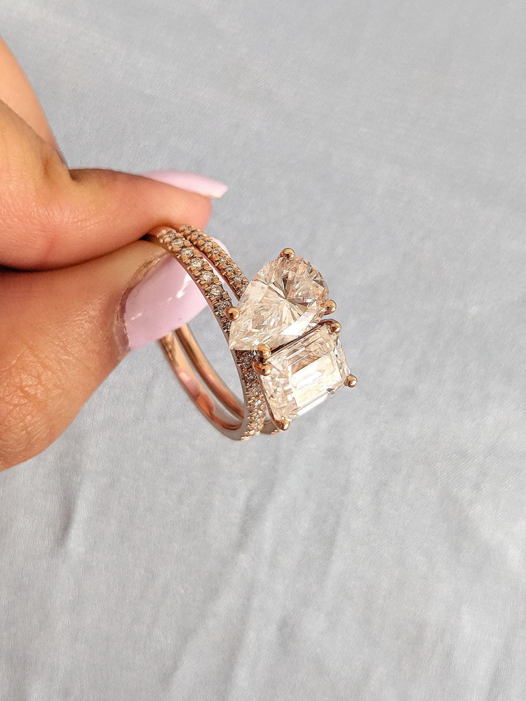 Pear and Emerald cut VVS Moissanite Toi et Moi Engagement Ring | Solid Rose Gold Bridal Set | Dainty Lab Diamond Eternity Stacking Ring