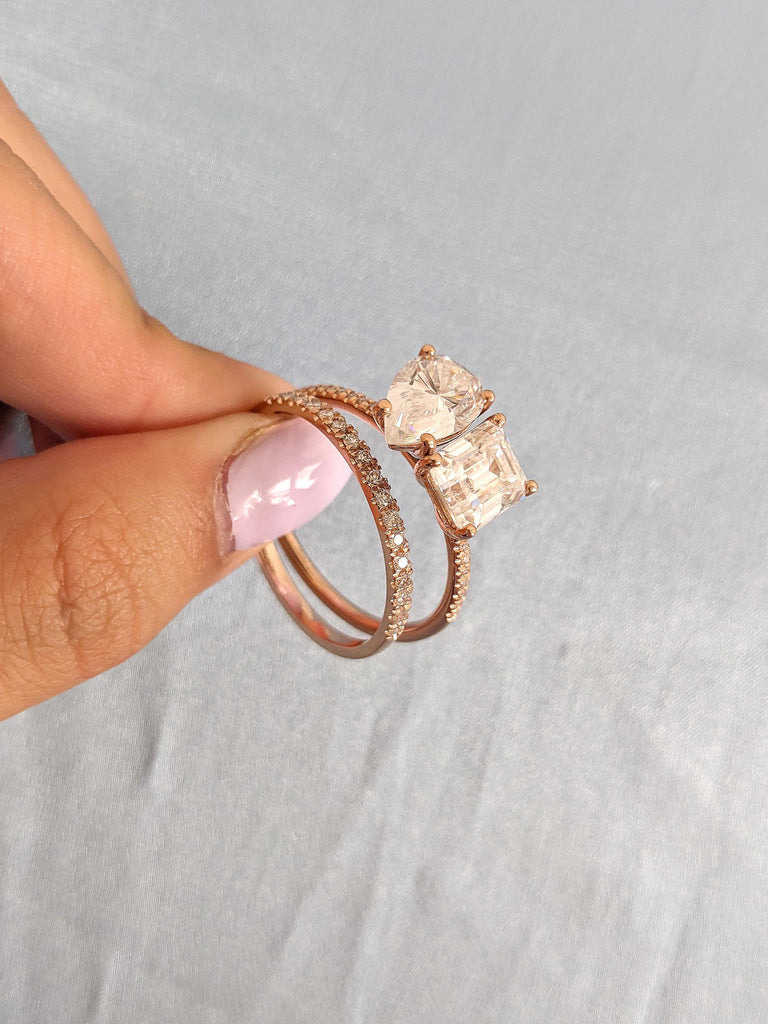 Two Stone VVS Moissanite Rose Gold Engagement Ring Set | 1-4ct Emerald and Pear cut Moissanite | Diamond Eternity Band Stacking Ring