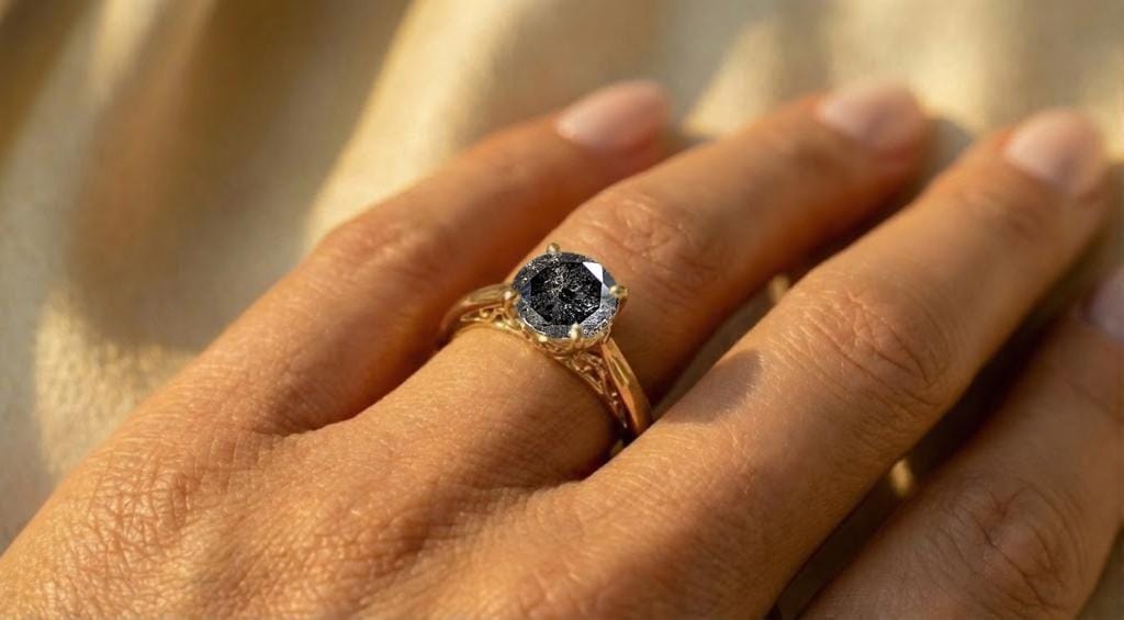 Round Salt and Pepper Diamond Engagement Ring, Dainty 18k/14k Yellow Gold Filigree Ring, Promise Rings for Women, Vintage Wedding Ring image #3