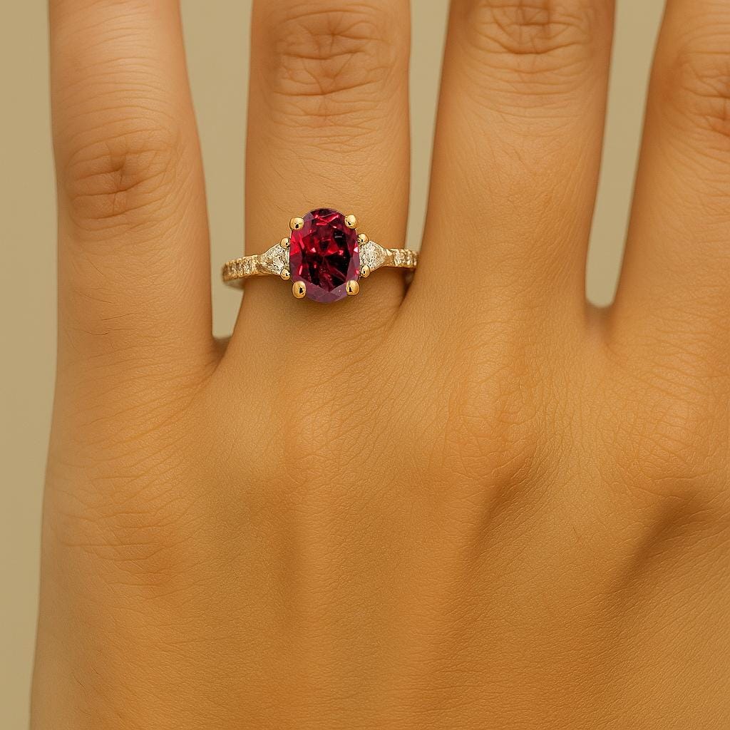 14k Solid Gold Ruby Engagement Ring, July Birthstone Anniversary Rings, Oval Cut Lab Created Ruby and Moissanite Ring, Red Gemstone Ring image #2