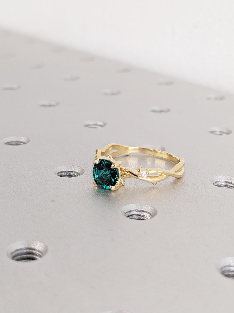 Emerald Ring: Round Lab Emerald Engagement Ring, Twig 18K Yellow Gold Green Vintage Emerald Ring, Side Diamond Wedding Ring, Promise Ring image #8