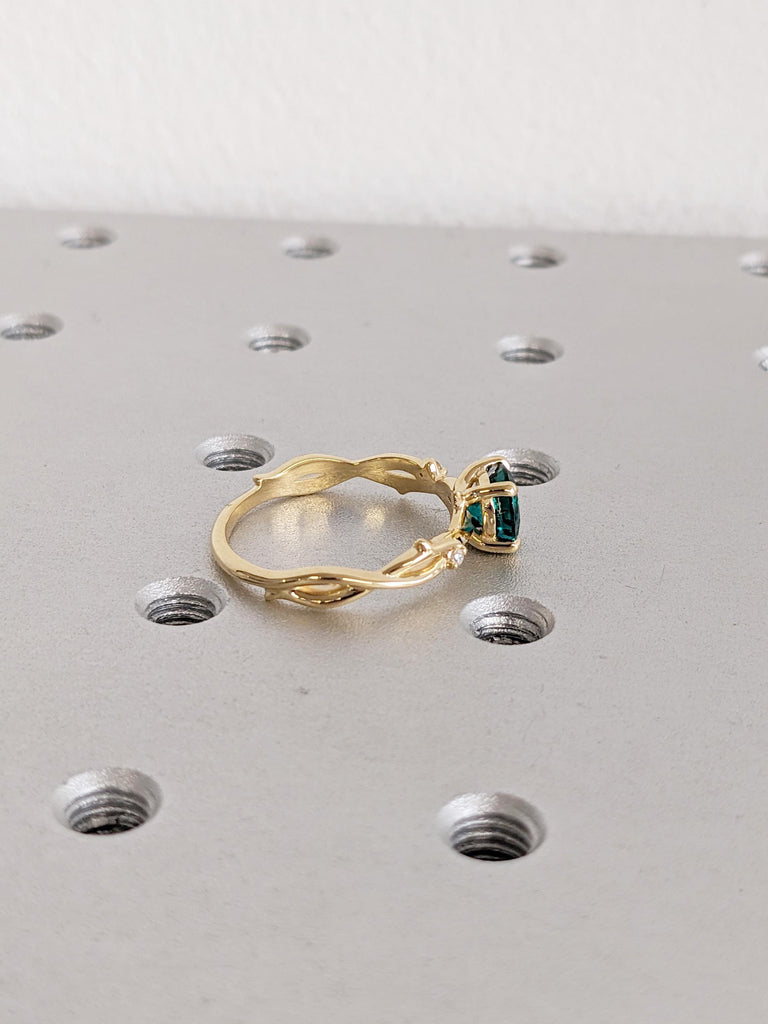 Emerald Ring: Round Lab Emerald Engagement Ring, Twig 18K Yellow Gold Green Vintage Emerald Ring, Side Diamond Wedding Ring, Promise Ring image #7