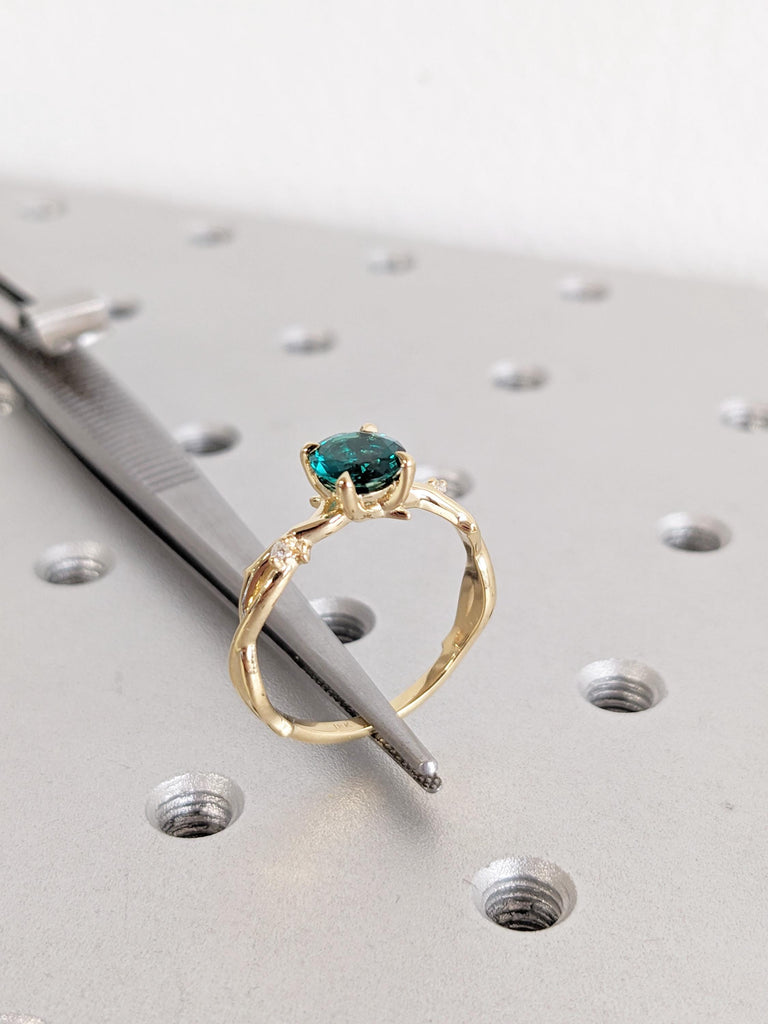 Emerald Ring: Round Lab Emerald Engagement Ring, Twig 18K Yellow Gold Green Vintage Emerald Ring, Side Diamond Wedding Ring, Promise Ring image #6