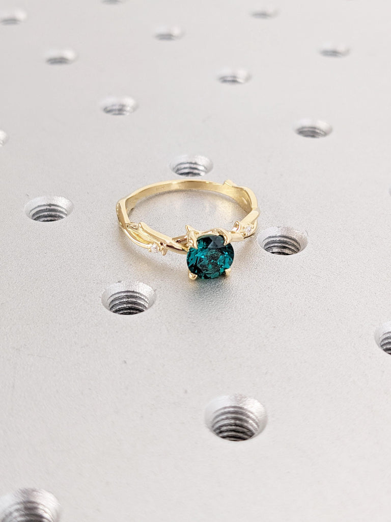 Emerald Ring: Round Lab Emerald Engagement Ring, Twig 18K Yellow Gold Green Vintage Emerald Ring, Side Diamond Wedding Ring, Promise Ring image #10