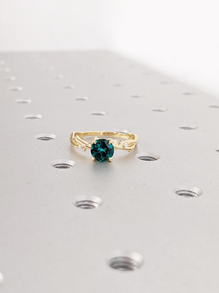 Emerald Ring: Round Lab Emerald Engagement Ring, Twig 18K Yellow Gold Green Vintage Emerald Ring, Side Diamond Wedding Ring, Promise Ring image #4