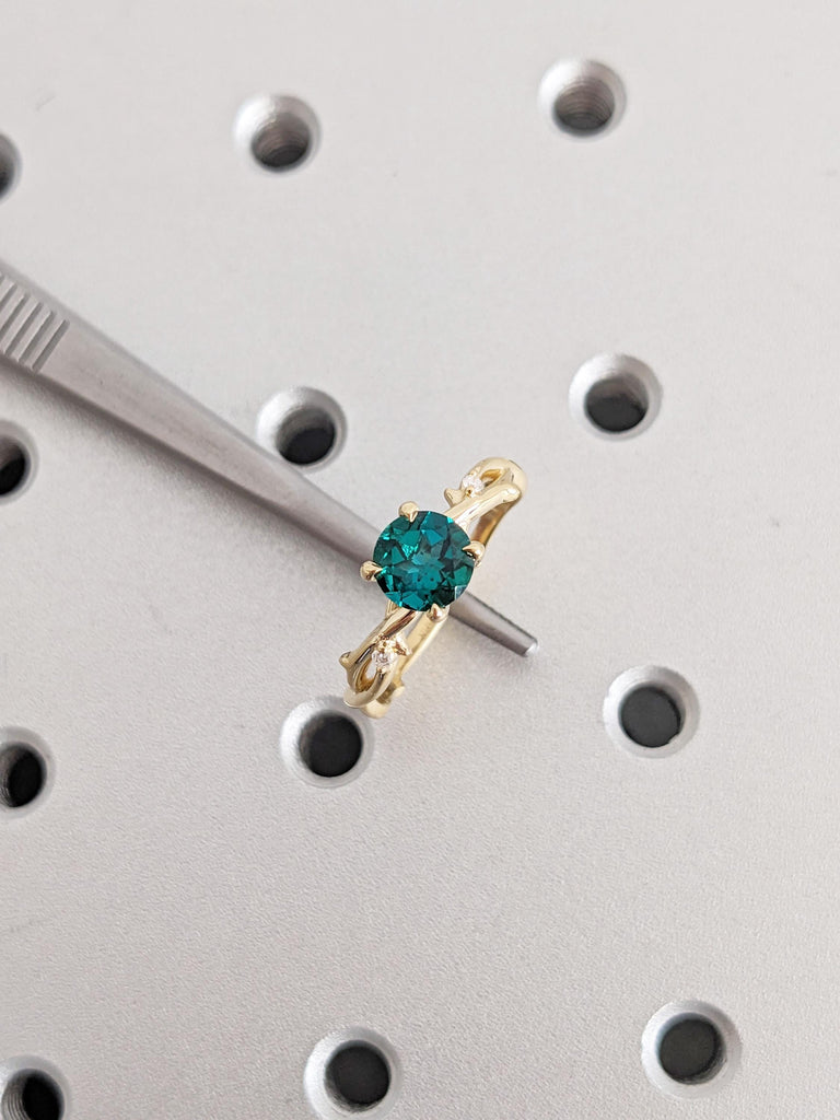 Emerald Ring: Round Lab Emerald Engagement Ring, Twig 18K Yellow Gold Green Vintage Emerald Ring, Side Diamond Wedding Ring, Promise Ring image #12