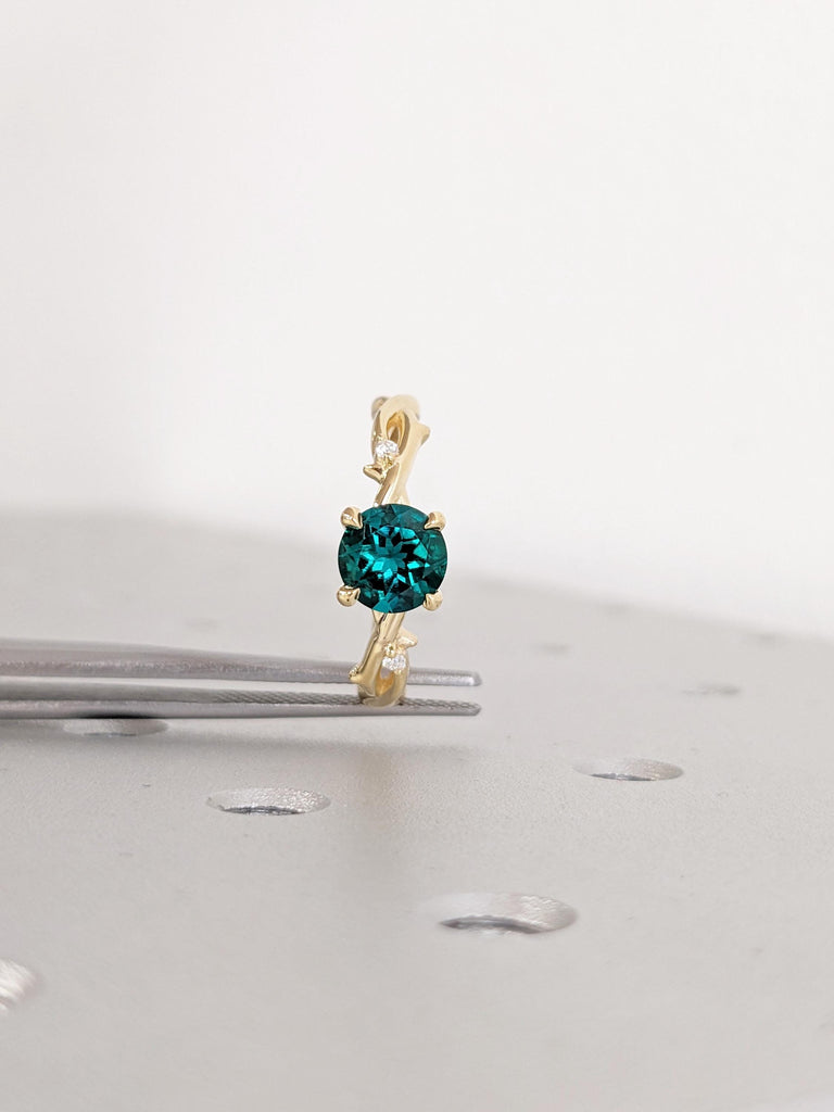Emerald Ring: Round Lab Emerald Engagement Ring, Twig 18K Yellow Gold Green Vintage Emerald Ring, Side Diamond Wedding Ring, Promise Ring image #14