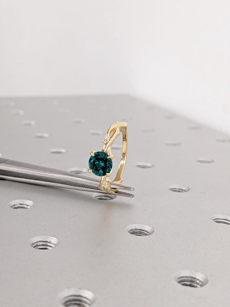 Emerald Ring: Round Lab Emerald Engagement Ring, Twig 18K Yellow Gold Green Vintage Emerald Ring, Side Diamond Wedding Ring, Promise Ring image #17