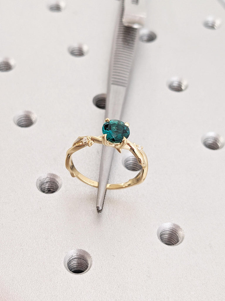 Emerald Ring: Round Lab Emerald Engagement Ring, Twig 18K Yellow Gold Green Vintage Emerald Ring, Side Diamond Wedding Ring, Promise Ring image #2