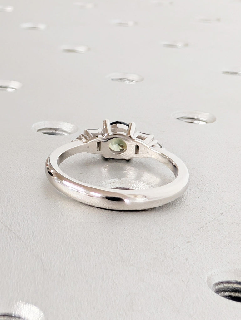 Sapphire Engagement Ring, Platinum Blue Green Peacock Sapphire With Round Baguette Salt and Pepper Diamond, Dainty Round Cut Sapphire Ring image #6