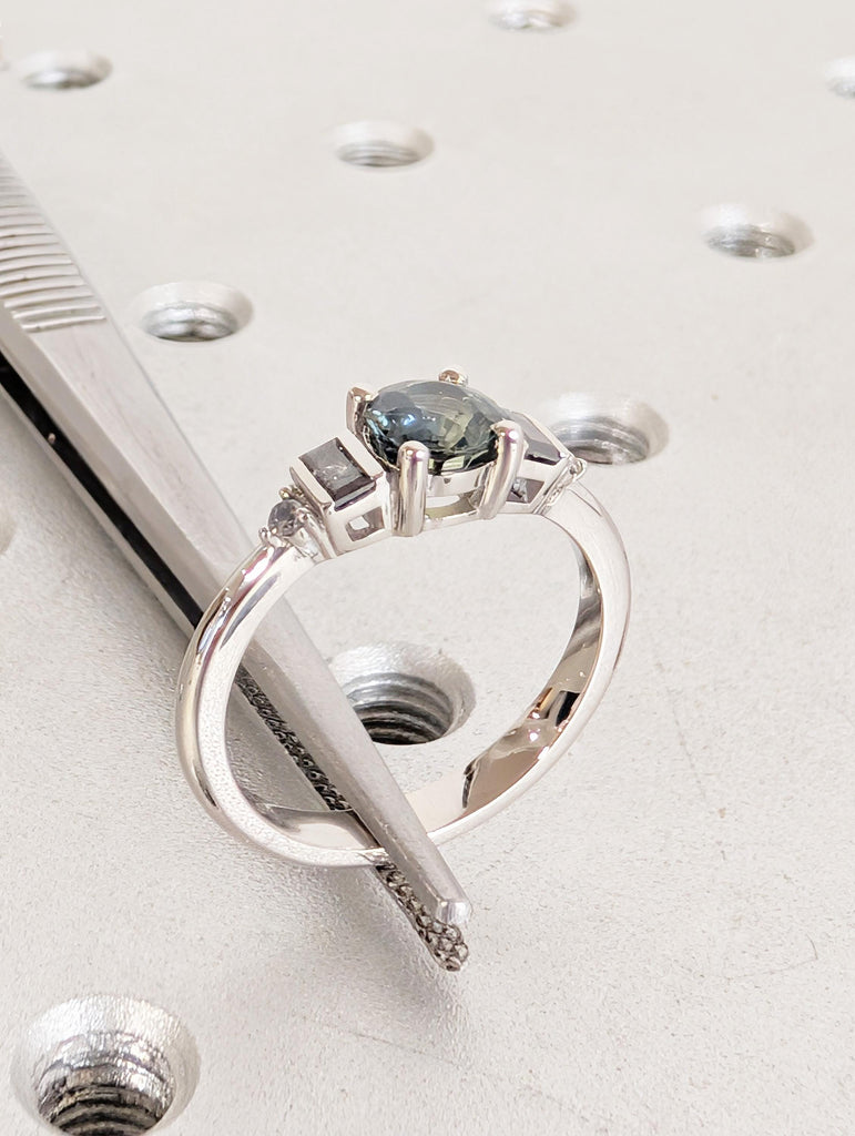 Sapphire Engagement Ring, Platinum Blue Green Peacock Sapphire With Round Baguette Salt and Pepper Diamond, Dainty Round Cut Sapphire Ring image #8