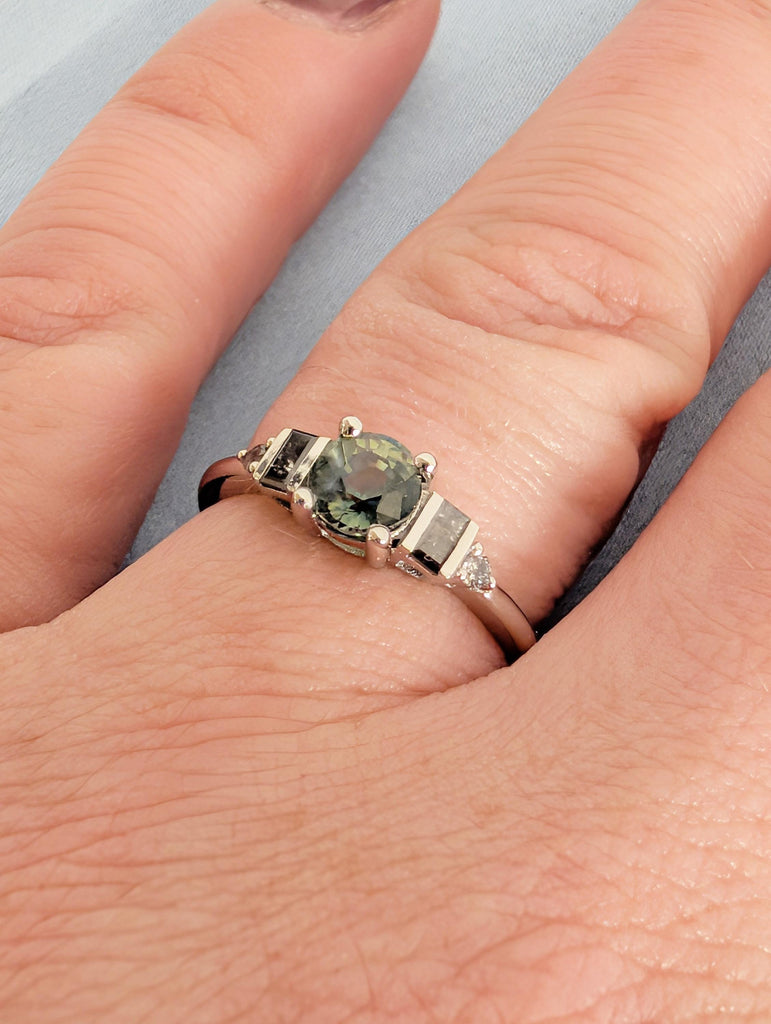 Sapphire Engagement Ring, Platinum Blue Green Peacock Sapphire With Round Baguette Salt and Pepper Diamond, Dainty Round Cut Sapphire Ring image #3