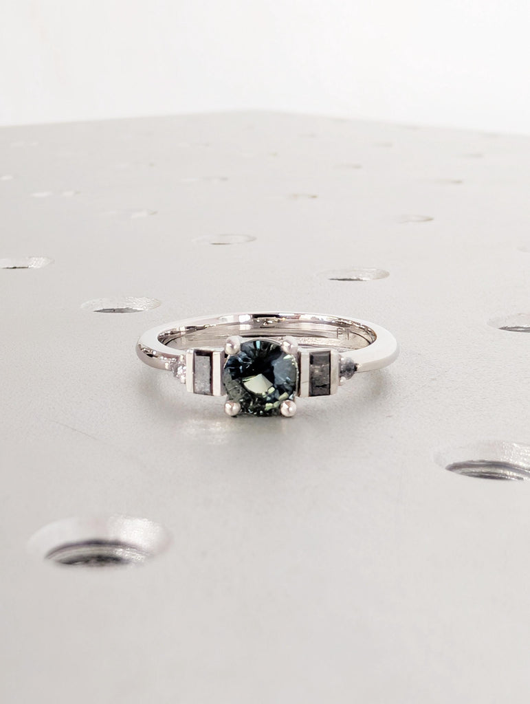 Sapphire Engagement Ring, Platinum Blue Green Peacock Sapphire With Round Baguette Salt and Pepper Diamond, Dainty Round Cut Sapphire Ring image #12