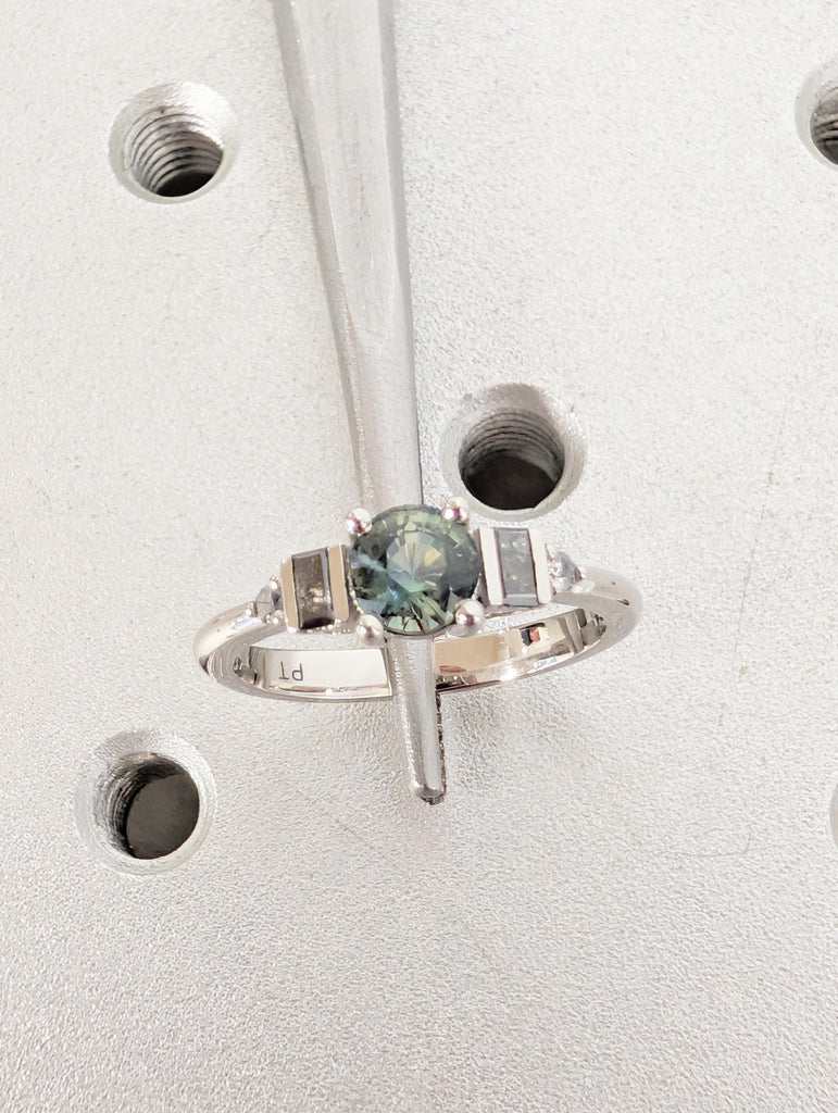 Peacock Sapphire Engagement Ring in Platinum, Round Baguette Salt and Pepper Diamond Sides image #11