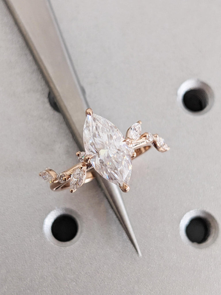 Hidden Halo Marquise Cut Lab Diamond Ring, 14K Rose Gold Leaf Shaped Diamond Ring, Art Nouveau Engagement Band image #8
