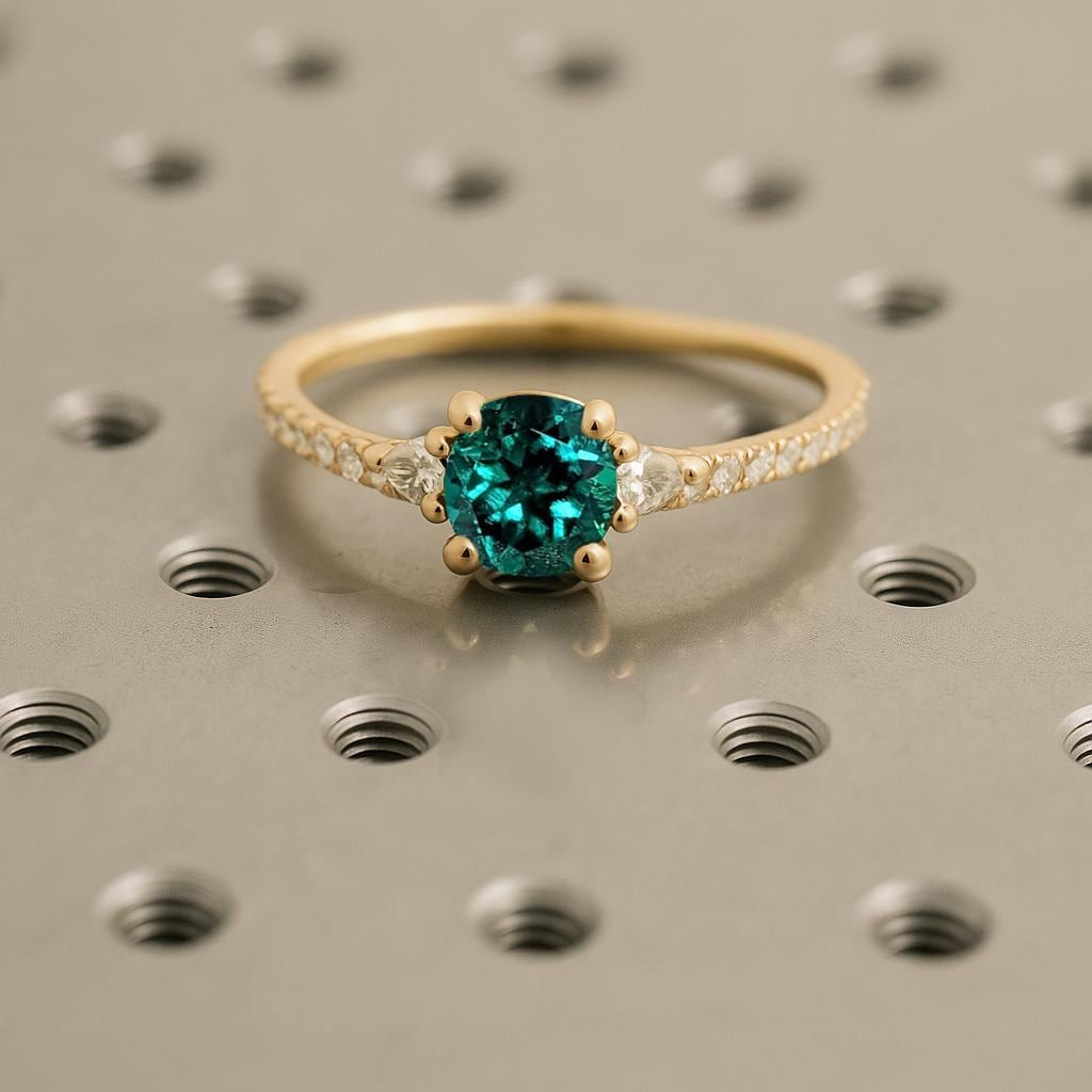 14k Solid Gold Half Eternity Ring, Art Deco Emerald Engagement Ring, May Birthstone image #2