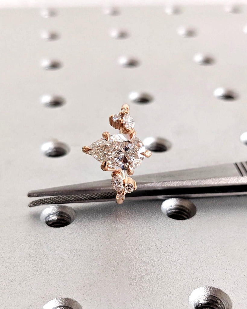 Pear Cut Moissanite Nature Inspired Engagement Ring, 14K Rose Gold Dainty Round Marquise Diamond Wedding Band