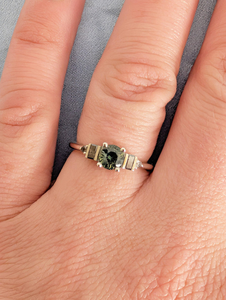 Peacock Sapphire Engagement Ring in Platinum, Round Baguette Salt and Pepper Diamond Sides