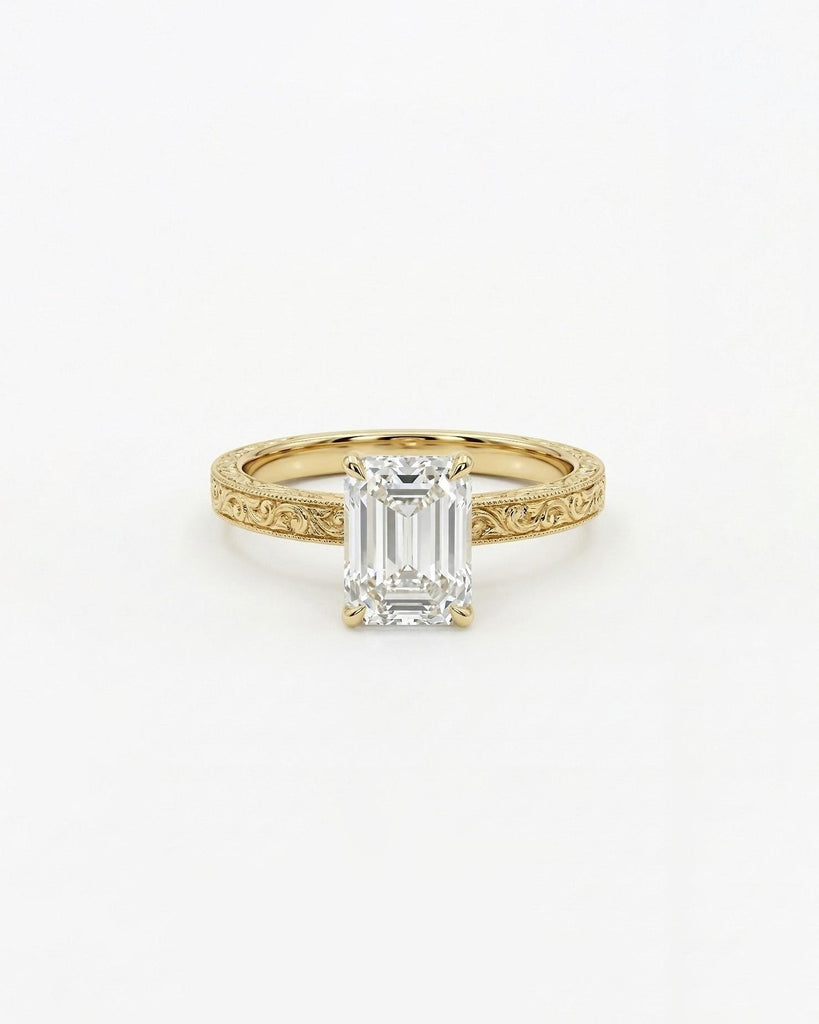 Emerald Cut Moissanite Vintage Engagement Ring | 14k Yellow Gold Rings for Women | Solitaire Ring | Hand Engraved Filigree Wedding band image #3