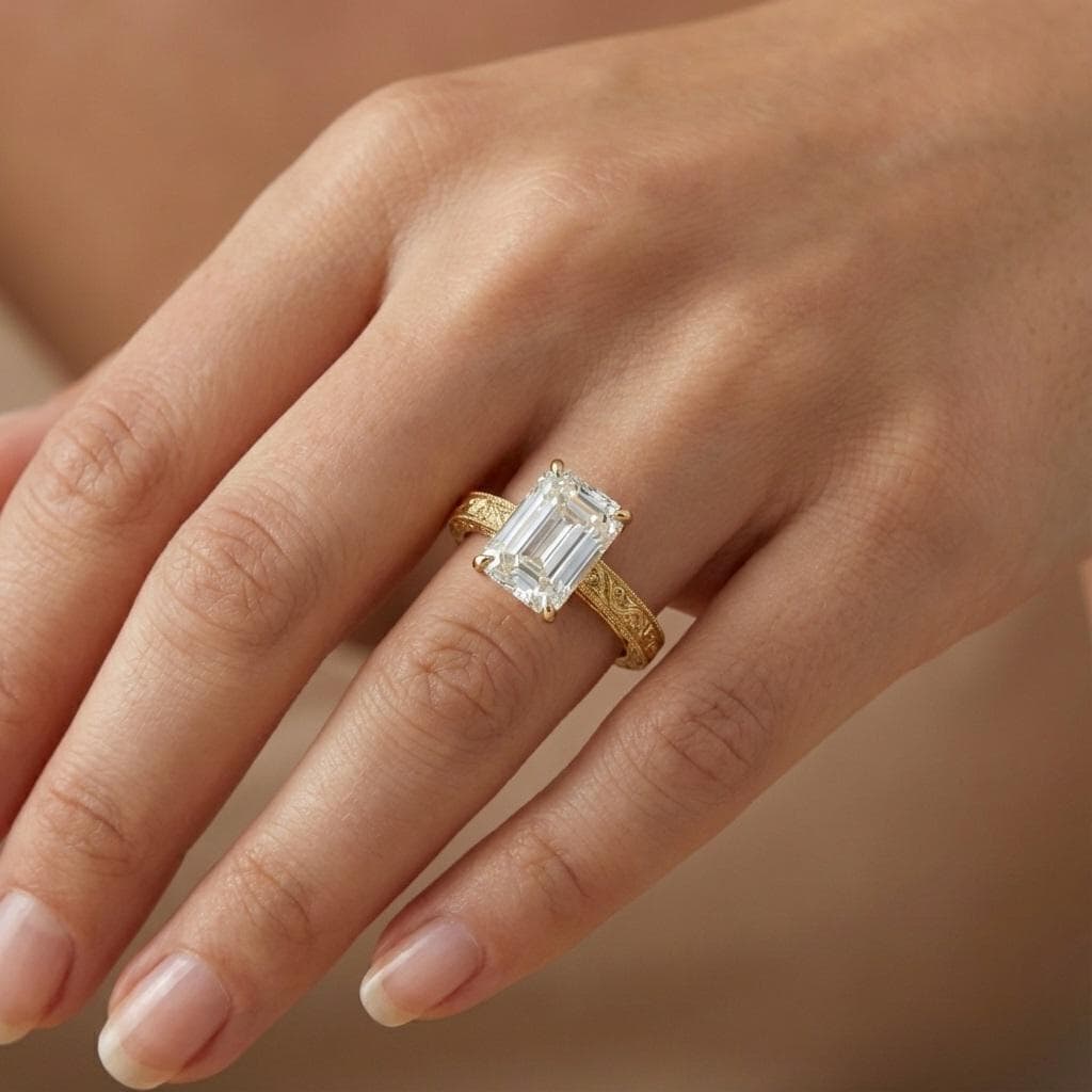 Vintage Style Emerald cut Lab Diamond Engagement Ring | 14k/18k Solid Gold Solitaire Ring | Filigree Wedding Band for Women image #2