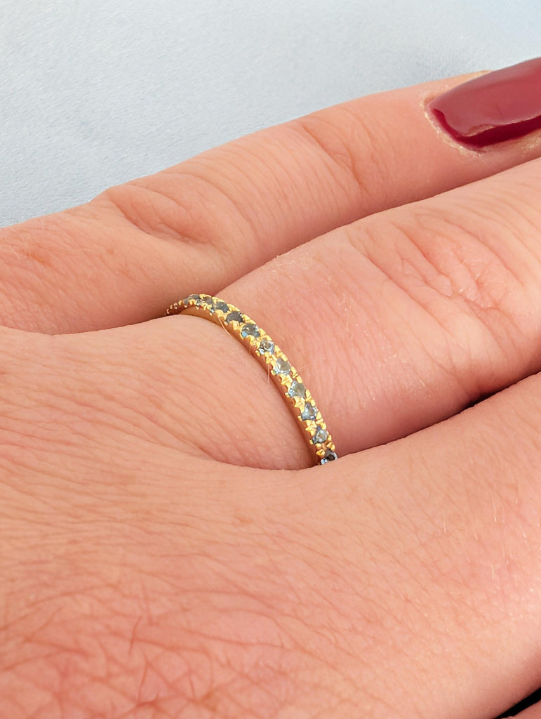 14K Yellow Gold Blue Topaz Matching Ring, Half Eternity Matching Band, Women's Stacking Wedding Ring, Round Blue Topaz, Dainty Promise Ring image #11