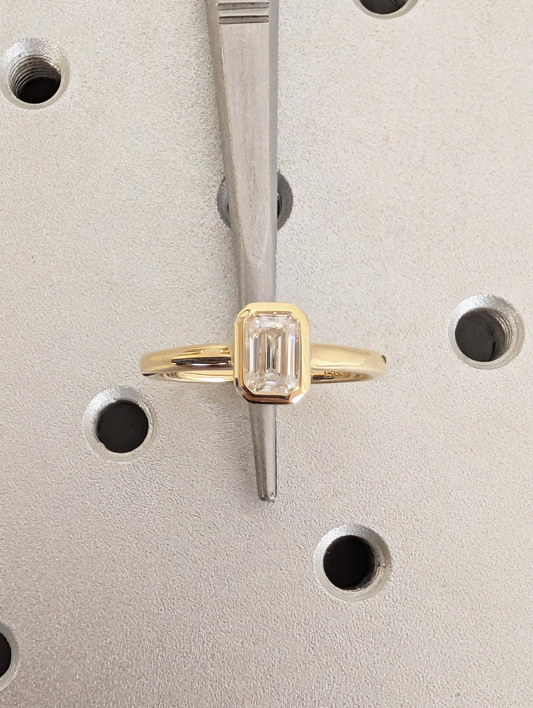 Solitaire Emerald Cut Lab Diamond Ring, 14k/18K Yellow Gold Bezel Setting, Minimalist Engagement Ring, Gift For Her image #11