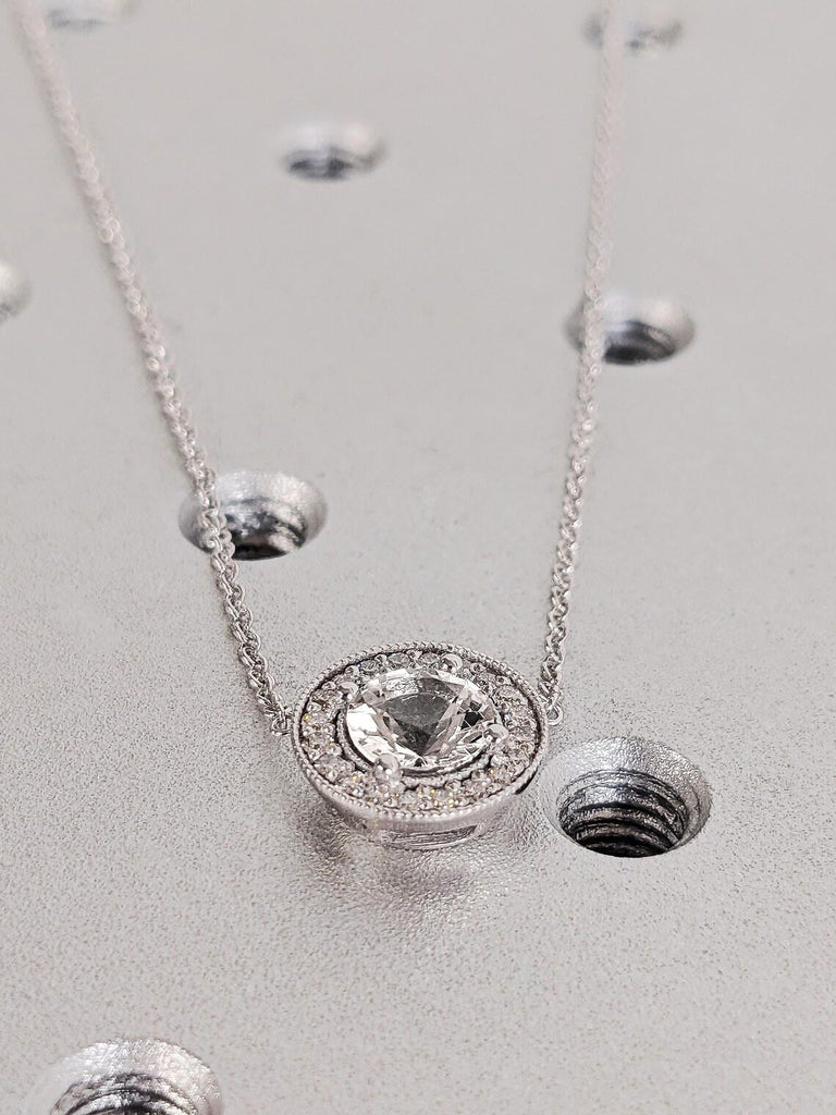 14K Solid White Gold Lab Diamond Necklace, Dainty Round Cut Diamond Halo Pedant, Bridal Jewelry, Wedding Anniversary Gift, Everyday Necklace image #2