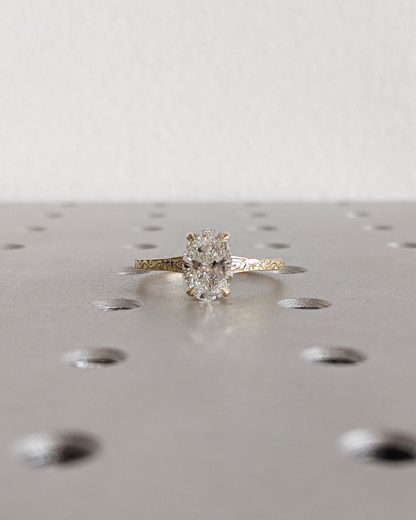 Solitaire Oval Cut Moissanite Ring, Gold Vintage Filigree Wedding Band, Classic Bridal Engagement Ring image #3