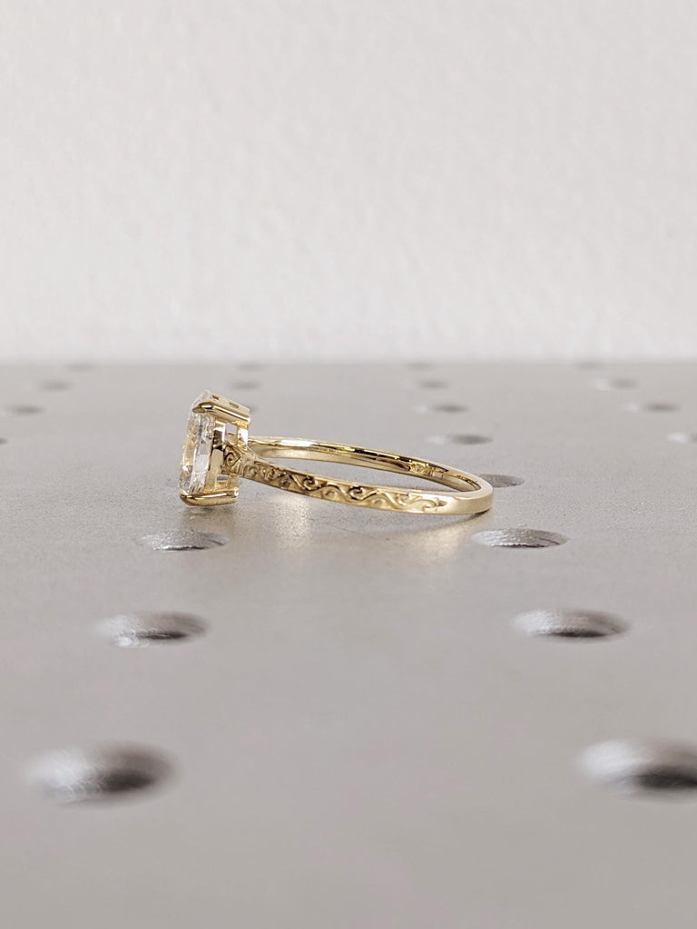 Solitaire Oval Cut Moissanite Ring, Gold Vintage Filigree Wedding Band, Classic Bridal Engagement Ring image #4