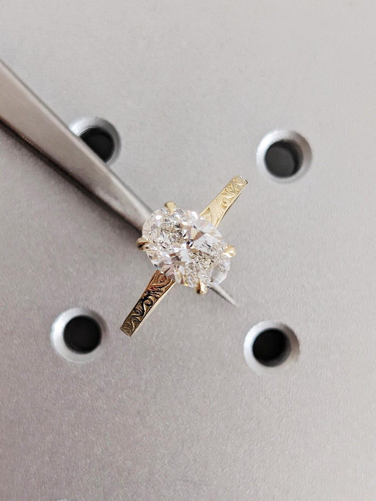 Solitaire Oval Cut Moissanite Ring, Gold Vintage Filigree Wedding Band, Classic Bridal Engagement Ring image #7