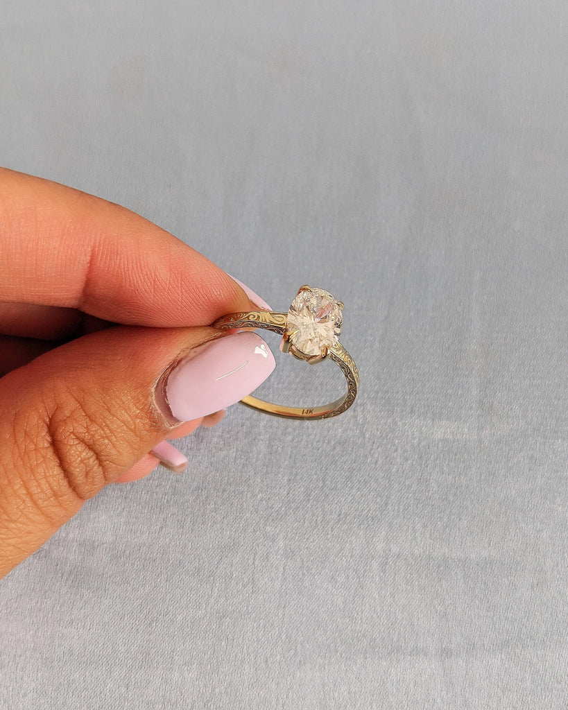 Solitaire Oval Cut Moissanite Ring, Gold Vintage Filigree Wedding Band, Classic Bridal Engagement Ring image #6