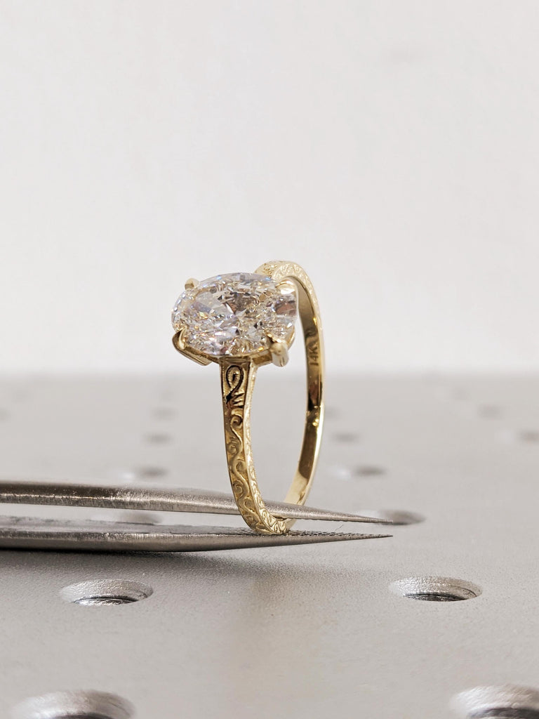 Filigree Oval Cut Lab Diamond Diamond Engagement Ring, Women Classic Wedding Ring, 14K Yellow Gold Wedding Band