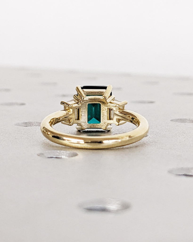 Emerald Engagement Ring: Emerald Cut Green Gemstone, Trapezoid Moissanite, 14K Solid Gold image #7