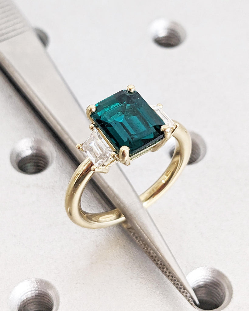 Emerald Engagement Ring: Emerald Cut Green Gemstone, Trapezoid Moissanite, 14K Solid Gold image #5