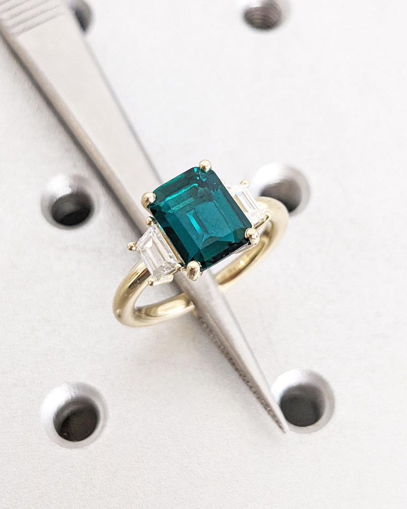 Emerald Engagement Ring: Emerald Cut Green Gemstone, Trapezoid Moissanite, 14K Solid Gold image #4