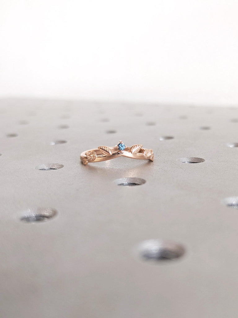 Blue Topaz Ring, London Blue Topaz Wedding Ring, Nature Inspired 14K/18K Rose Gold Vintage Leaf Ring, Promise Ring, Matching Ring For Her image #2