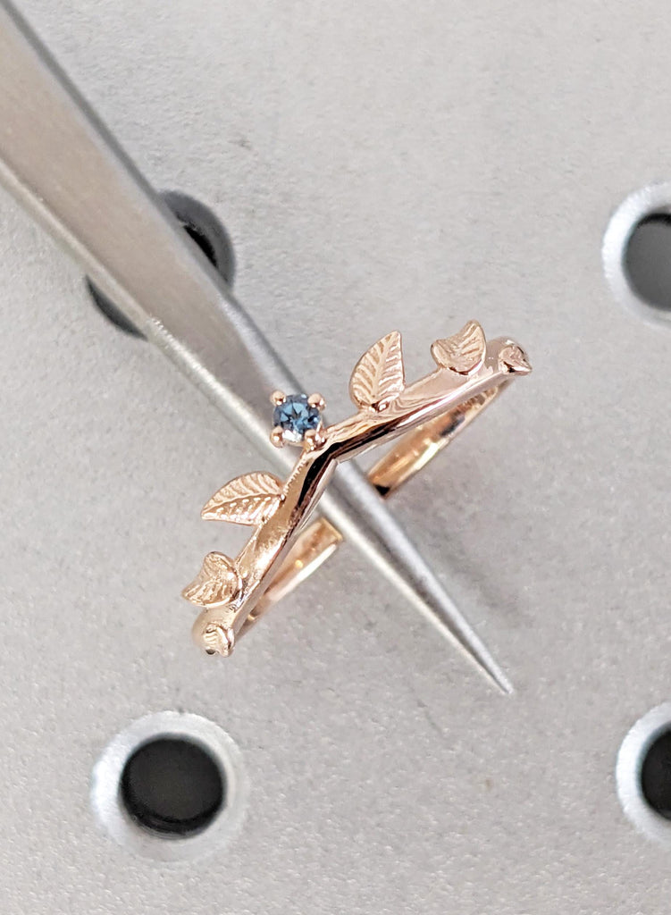 Blue Topaz Ring, London Blue Topaz Wedding Ring, Nature Inspired 14K/18K Rose Gold Vintage Leaf Ring, Promise Ring, Matching Ring For Her image #8