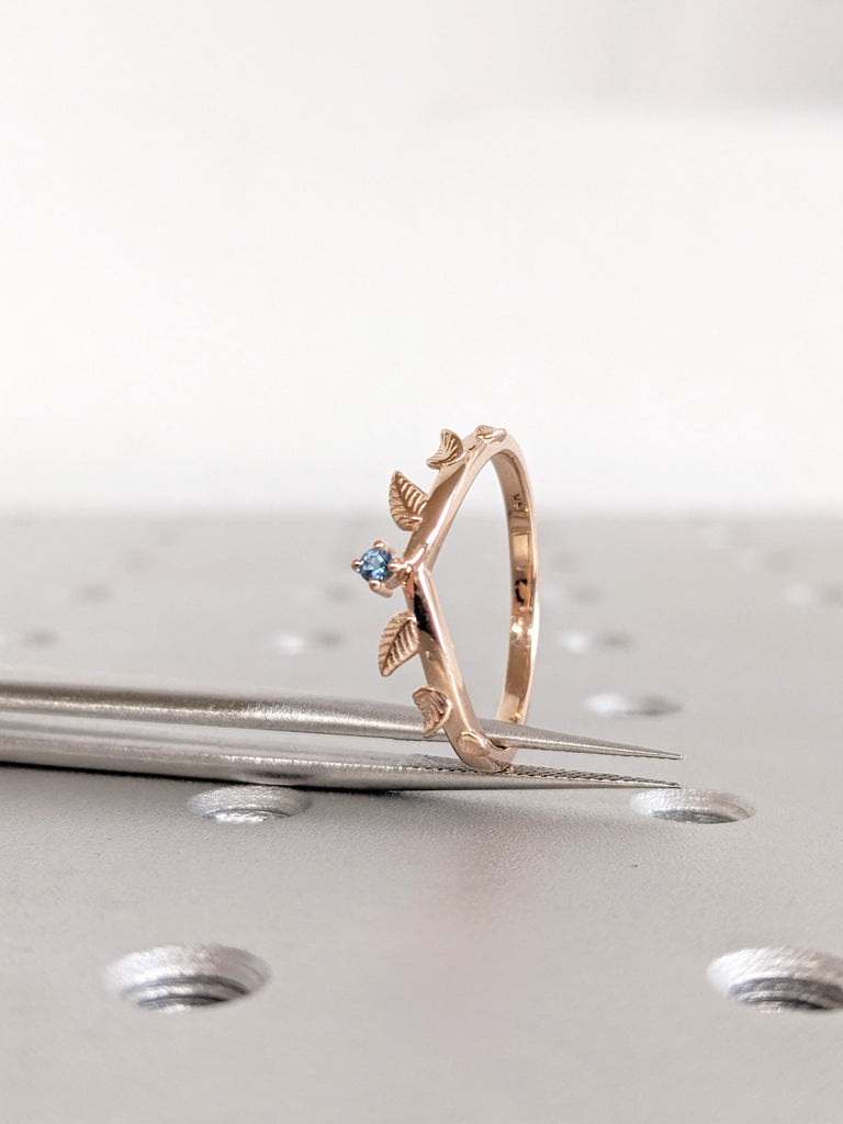 Blue Topaz Ring, London Blue Topaz Wedding Ring, Nature Inspired 14K/18K Rose Gold Vintage Leaf Ring, Promise Ring, Matching Ring For Her image #5