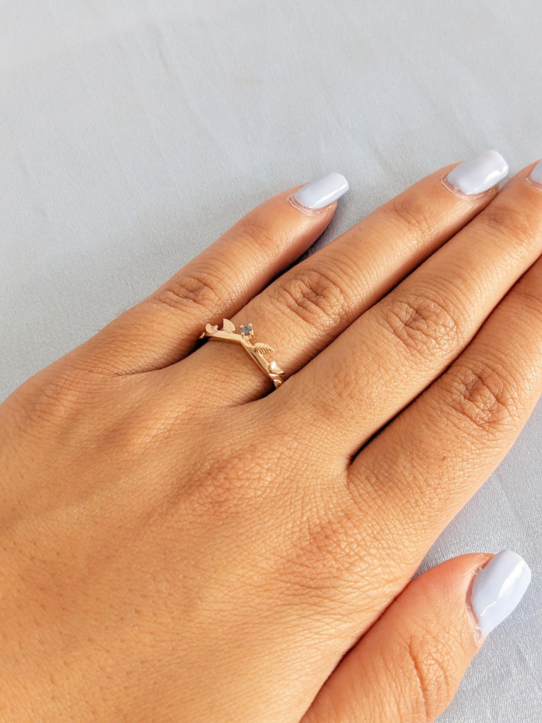 Blue Topaz Ring, London Blue Topaz Wedding Ring, Nature Inspired 14K/18K Rose Gold Vintage Leaf Ring, Promise Ring, Matching Ring For Her image #7