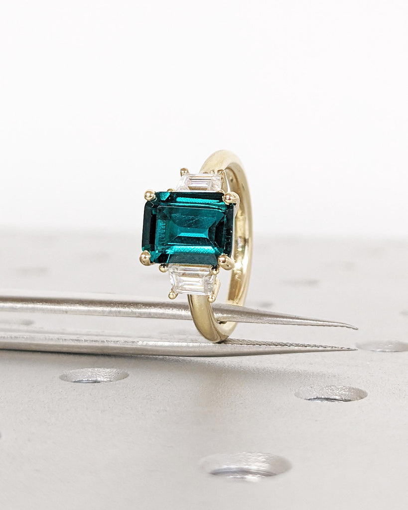 Emerald Engagement Ring: Emerald Cut Green Gemstone, Trapezoid Moissanite, 14K Solid Gold image #8