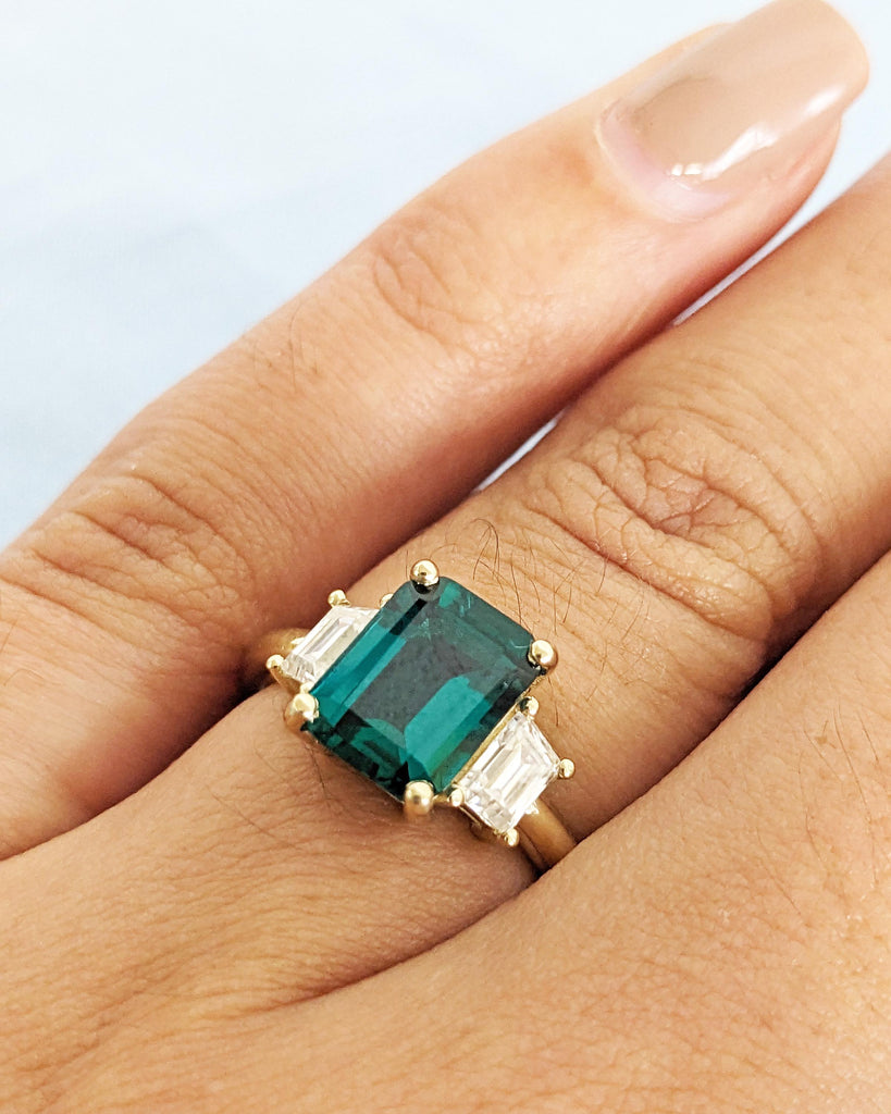 Emerald Engagement Ring: Emerald Cut Green Gemstone, Trapezoid Moissanite, 14K Solid Gold image #9