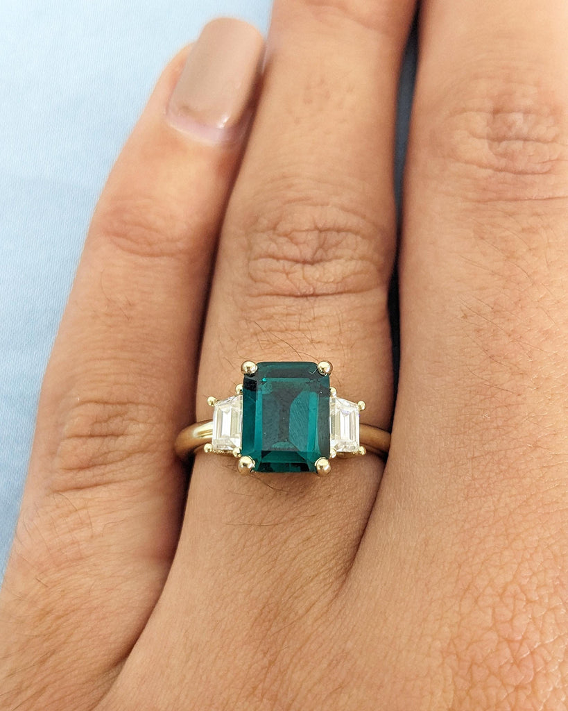 Emerald Engagement Ring: Emerald Cut Green Gemstone, Trapezoid Moissanite, 14K Solid Gold image #2
