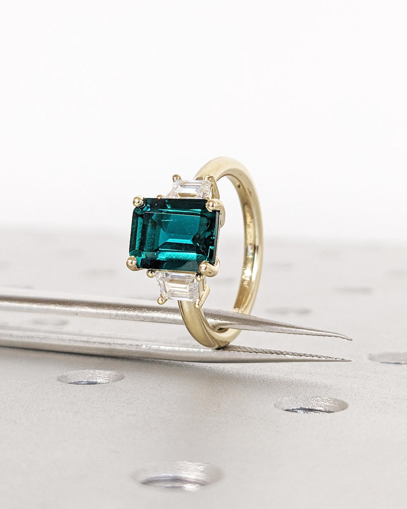 Emerald Engagement Ring: Emerald Cut Green Gemstone, Trapezoid Moissanite, 14K Solid Gold