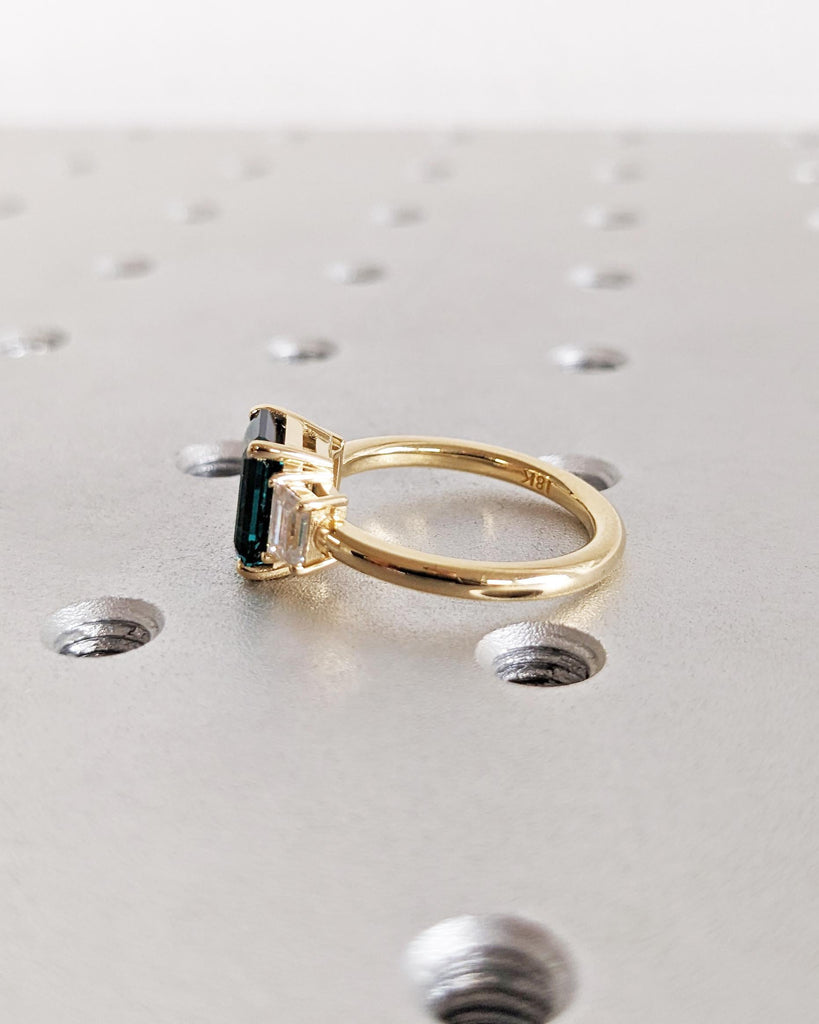 Emerald Cut Green Emerald Ring | Three Stone Emerald Engagement Ring with Trapezoid Moissanites | 14K Yellow Gold image #10