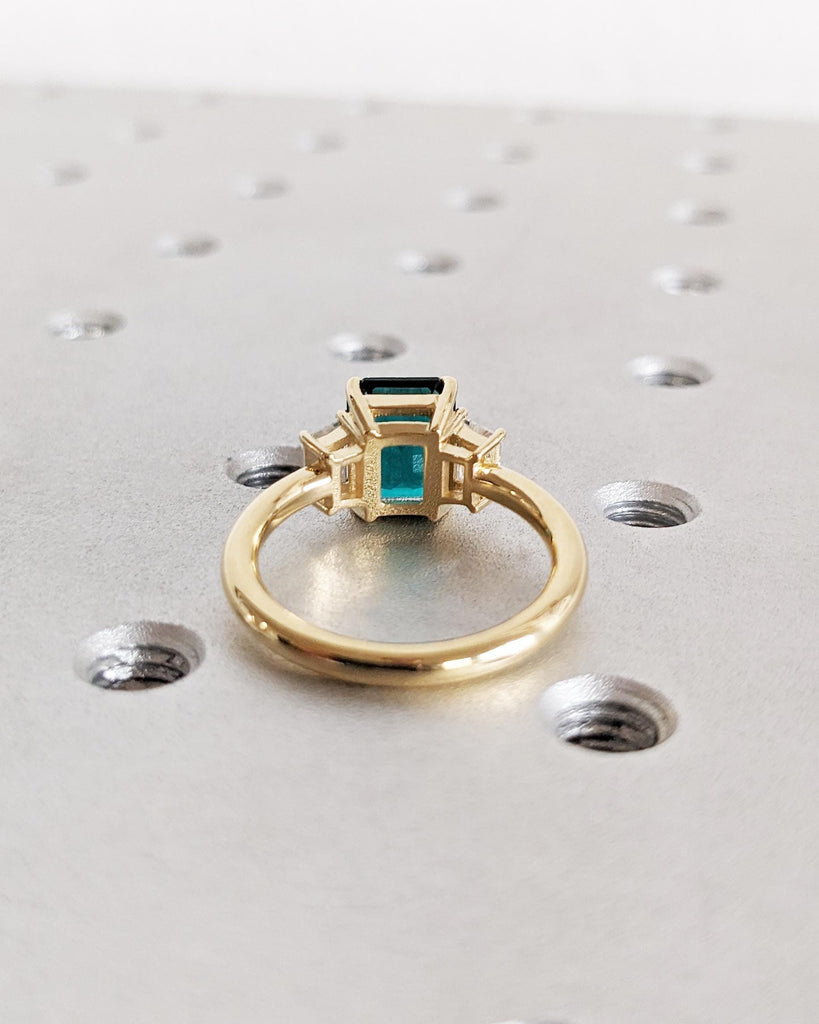 Emerald Cut Green Emerald Ring | Three Stone Emerald Engagement Ring with Trapezoid Moissanites | 14K Yellow Gold image #9