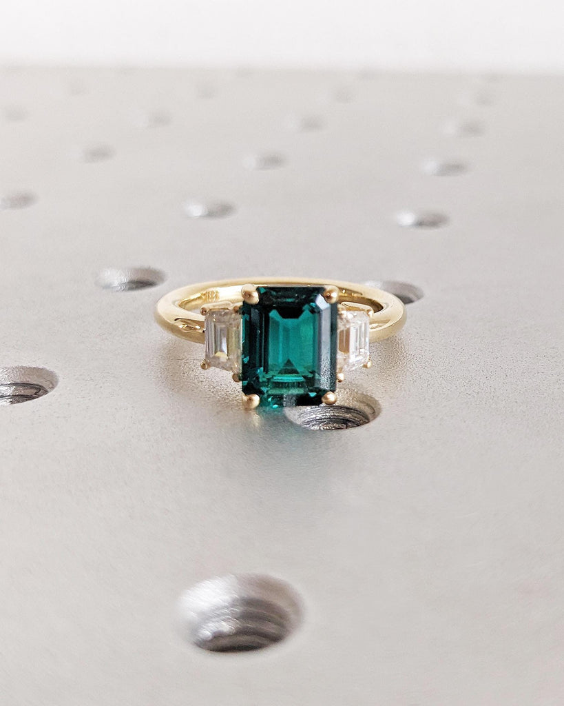 Emerald Cut Green Emerald Ring | Three Stone Emerald Engagement Ring with Trapezoid Moissanites | 14K Yellow Gold image #3