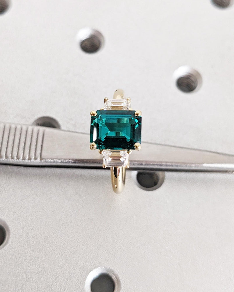 Emerald Cut Green Emerald Ring | Three Stone Emerald Engagement Ring with Trapezoid Moissanites | 14K Yellow Gold image #4