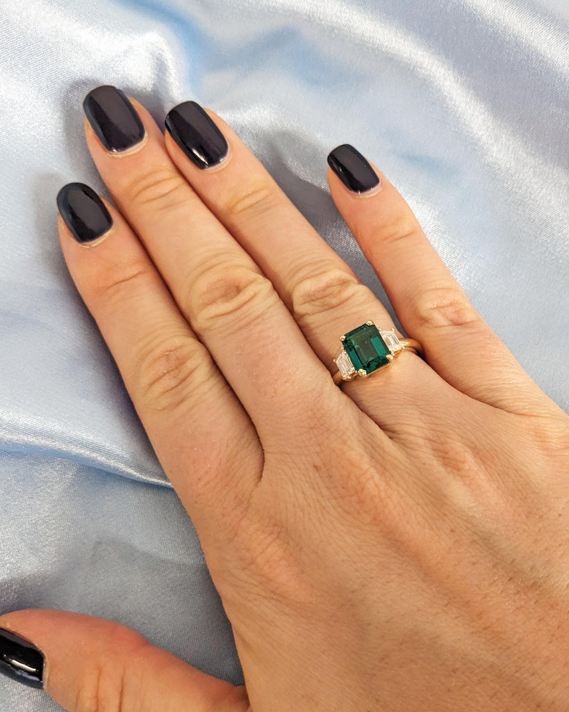 Emerald Cut Green Emerald Ring | Three Stone Emerald Engagement Ring with Trapezoid Moissanites | 14K Yellow Gold image #2