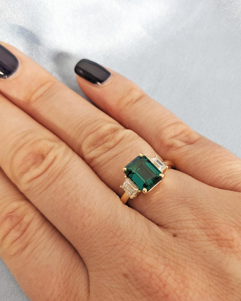 Emerald Cut Green Emerald Ring | Three Stone Emerald Engagement Ring with Trapezoid Moissanites | 14K Yellow Gold