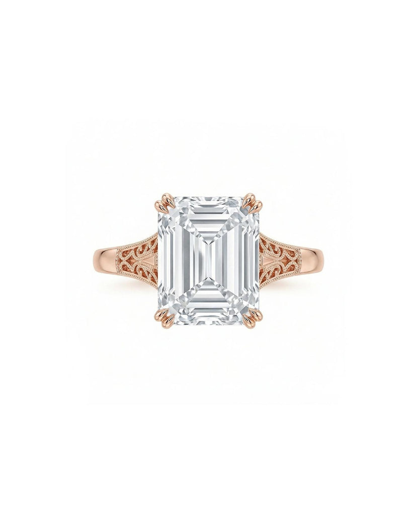 Emerald cut Moissanite Vintage Engagement Ring | Solid Rose Gold Solitaire Ring | Handmade Filigree Wedding Band for Women image #2